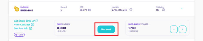 報酬が発生したら→「Harvest」をクリック→「Cake」を受け取ることができます。